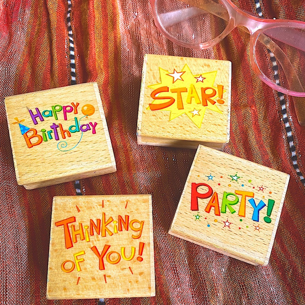 SARAH BEISE four pack of stamps PARTY, THINKING OF YOU, STAR & HAPPY BIRTHDAY